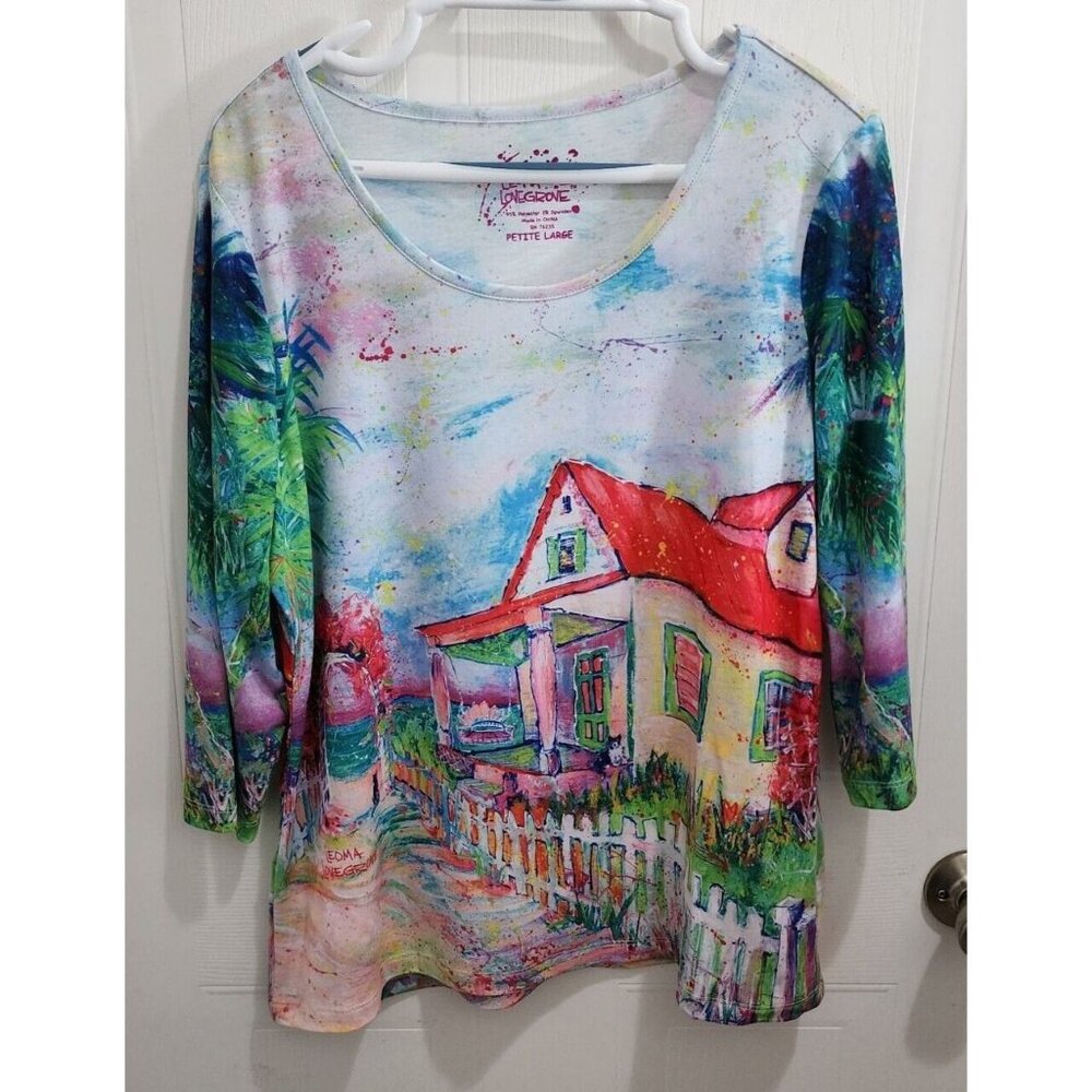 Leoma Lovegrove Women's 3/4 Sleeve Shirt Top Wearable Art Tropical Beach Size PL